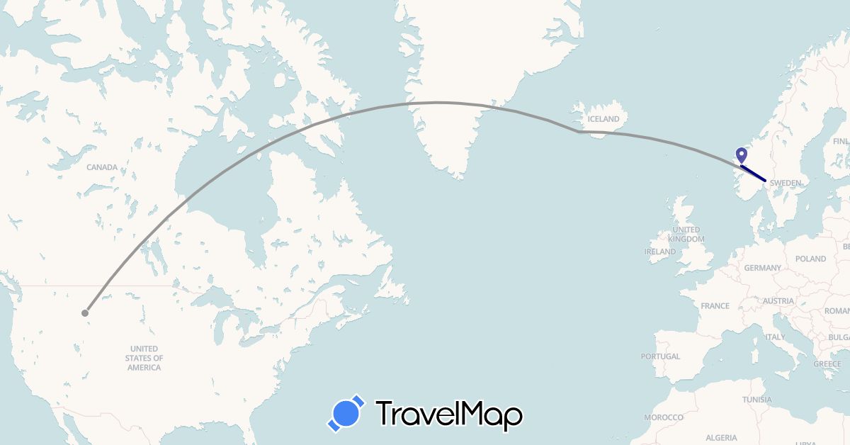 TravelMap itinerary: driving, plane in Iceland, Norway, United States (Europe, North America)